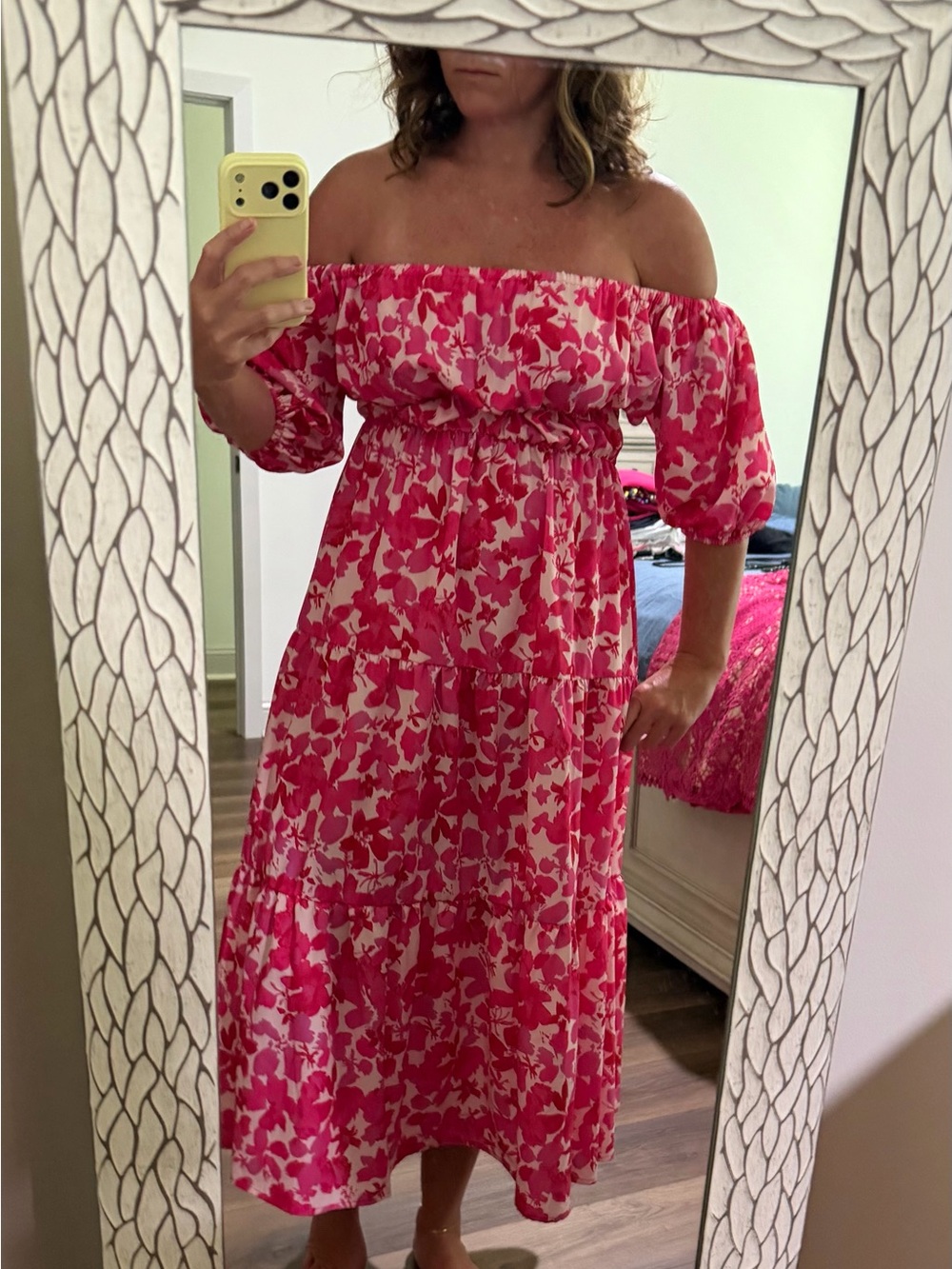 Off-Shoulder Pink Floral Midi Dress